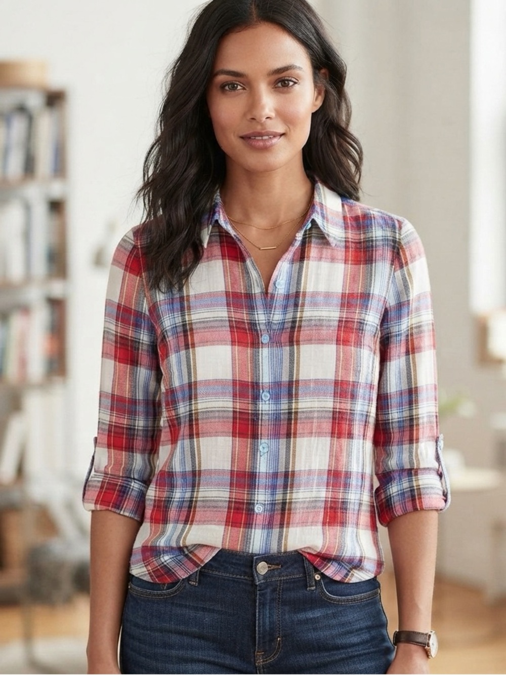 Chelsea & Theodore Red Multi Plaid Button-Down Shirt